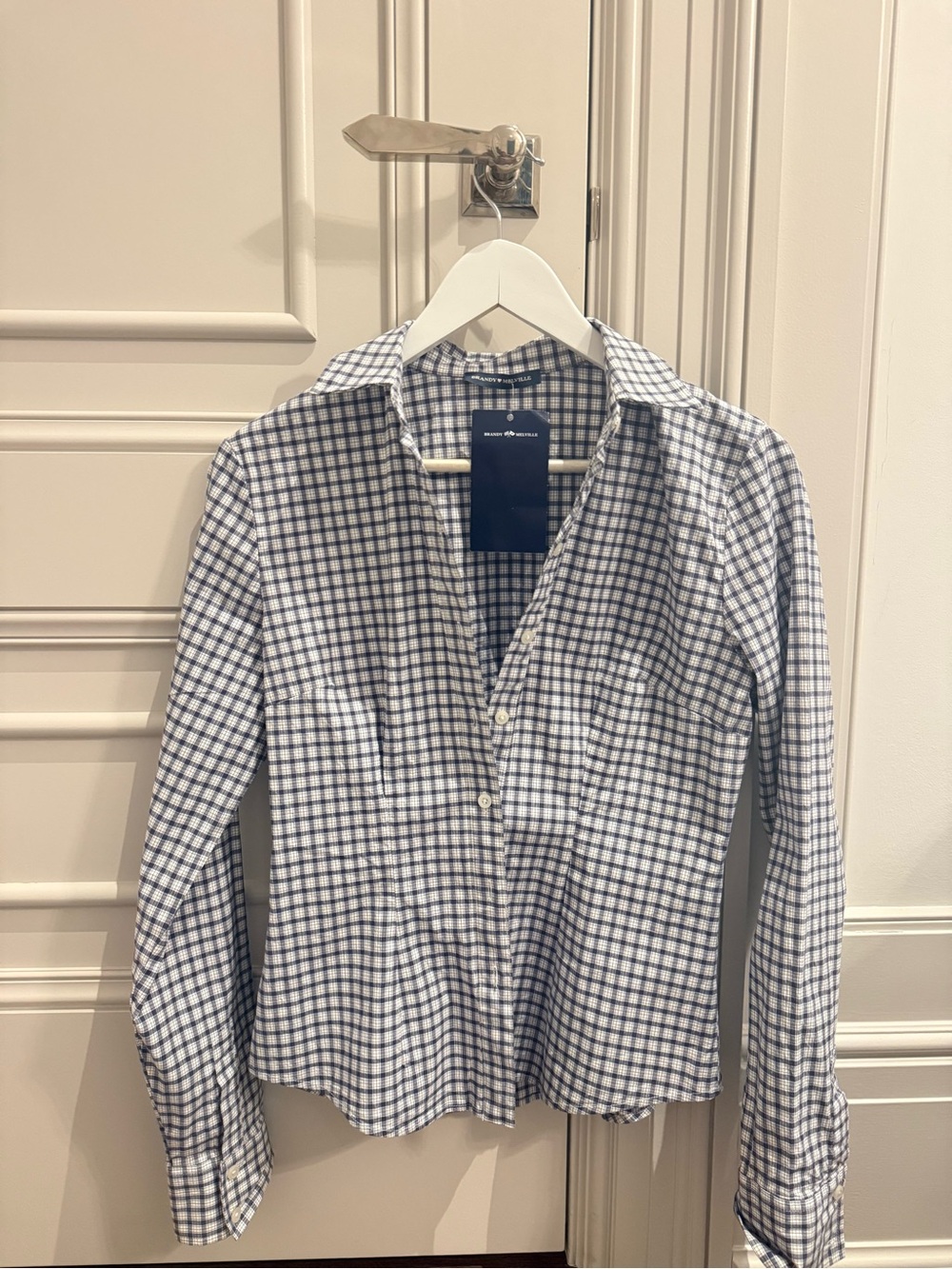 Brandy Melville Navy and White Checked Button-Up Blouse